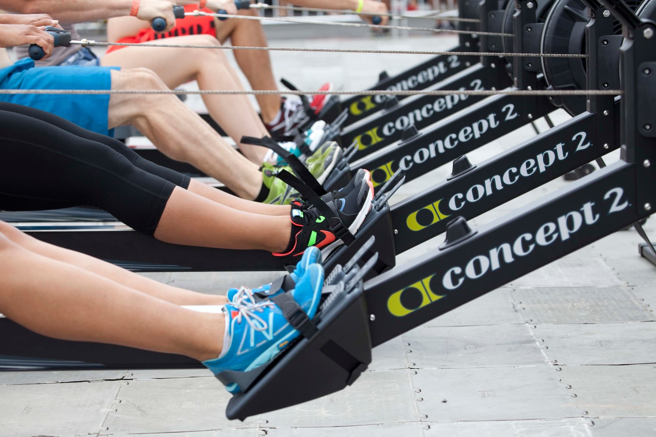 Group rowing class, focussing on foot stretchers