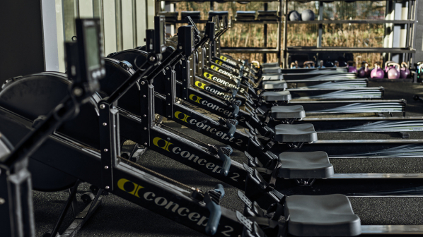 Ergs lined up in a gym