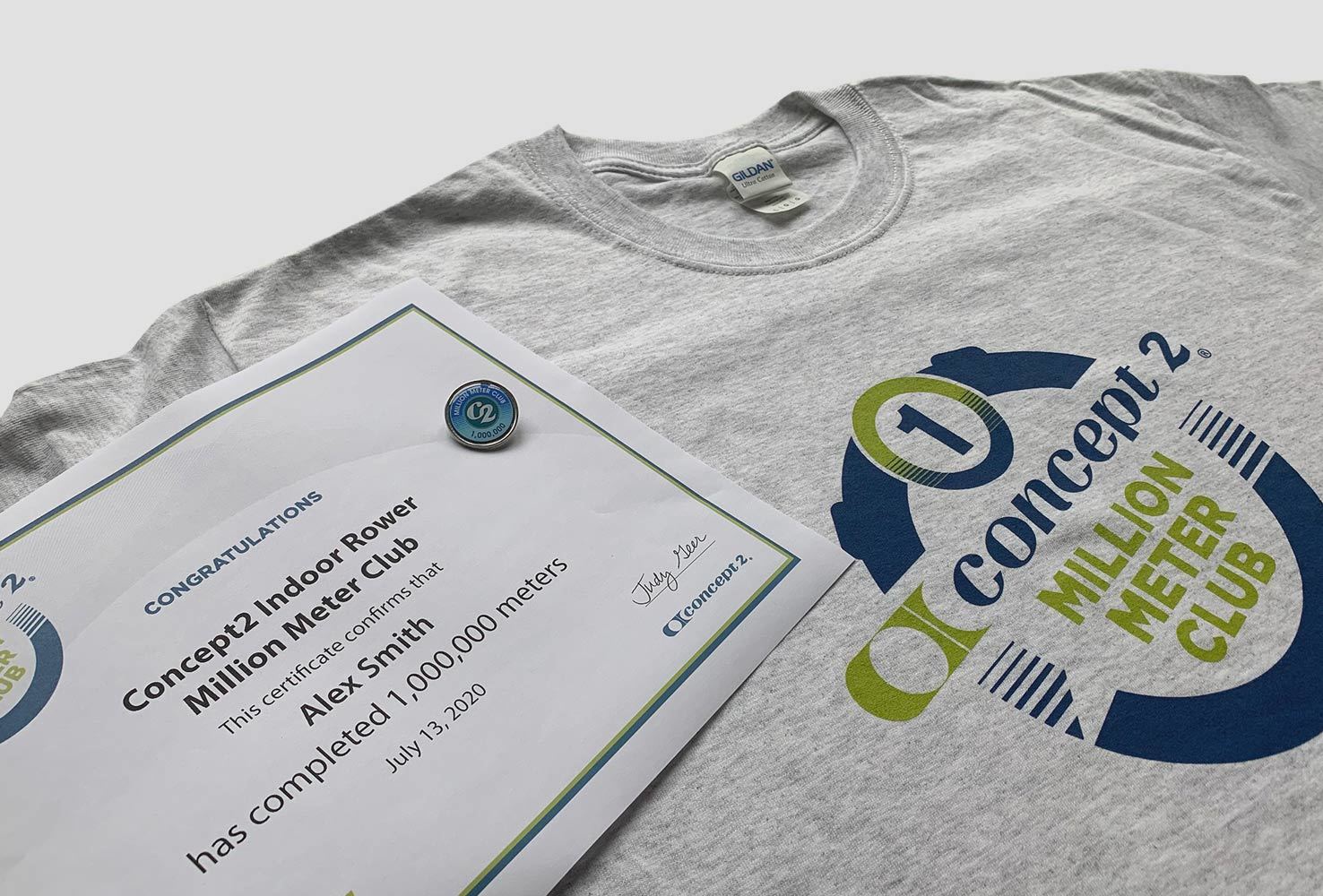 Concept2 Million Meter Club t-shirt and certificate