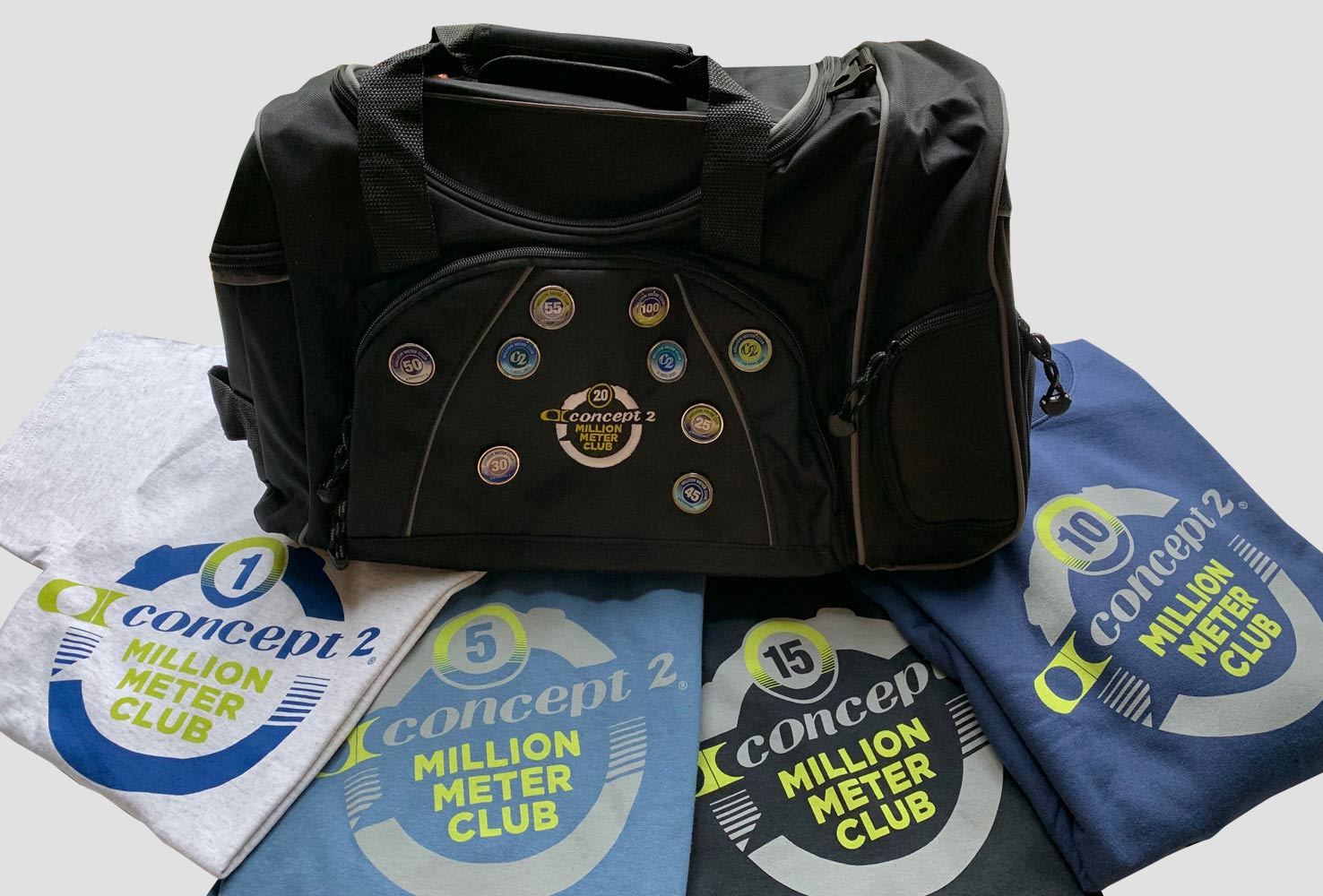 Concept2 Million meter club rewards include a bag, pins and t-shirts along the way